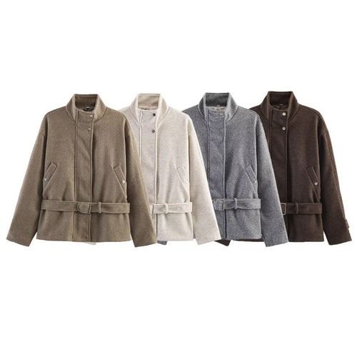 Damen Taillierter Wollmix-Kurzmantel mit Stehkragen und Bindegürtel Shop Nory