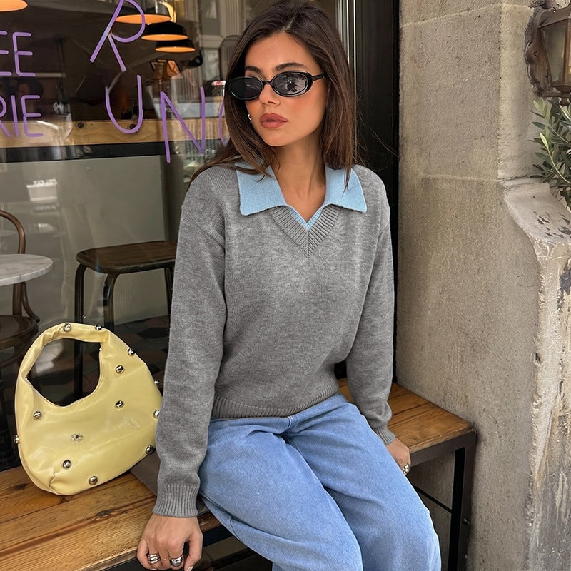 Damen Eleganter V-Ausschnitt Pullover mit Hemdkragen Shop Nory