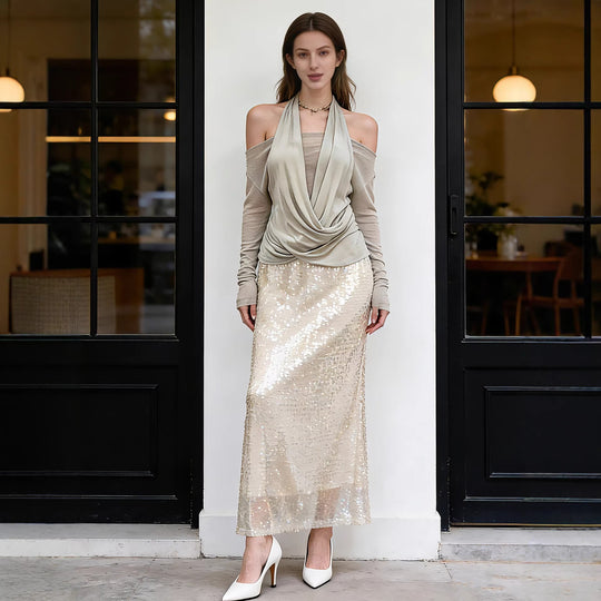 Damen Taillierter Pailletten‑Maxi‑Rock mit Stretchbund und Meerjungfrau‑Silhouette Shop Nory