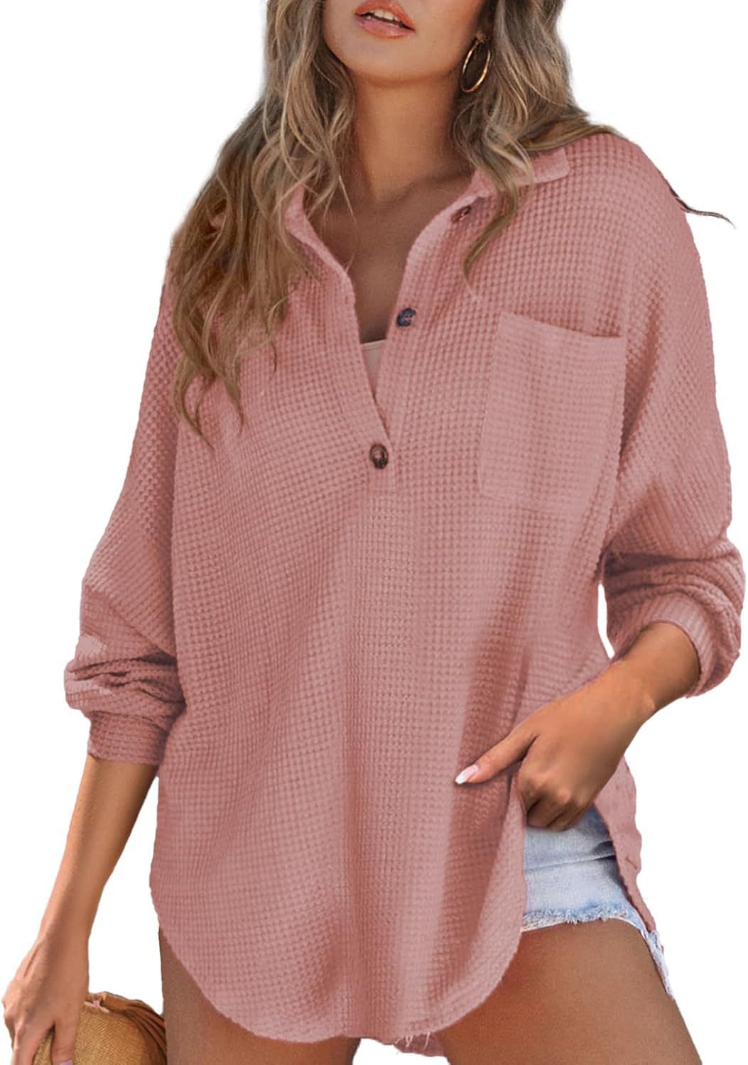 Damen Oversize Waffel-Strick Hemdtunika mit Brusttasche und Holzknöpfen Shop Nory