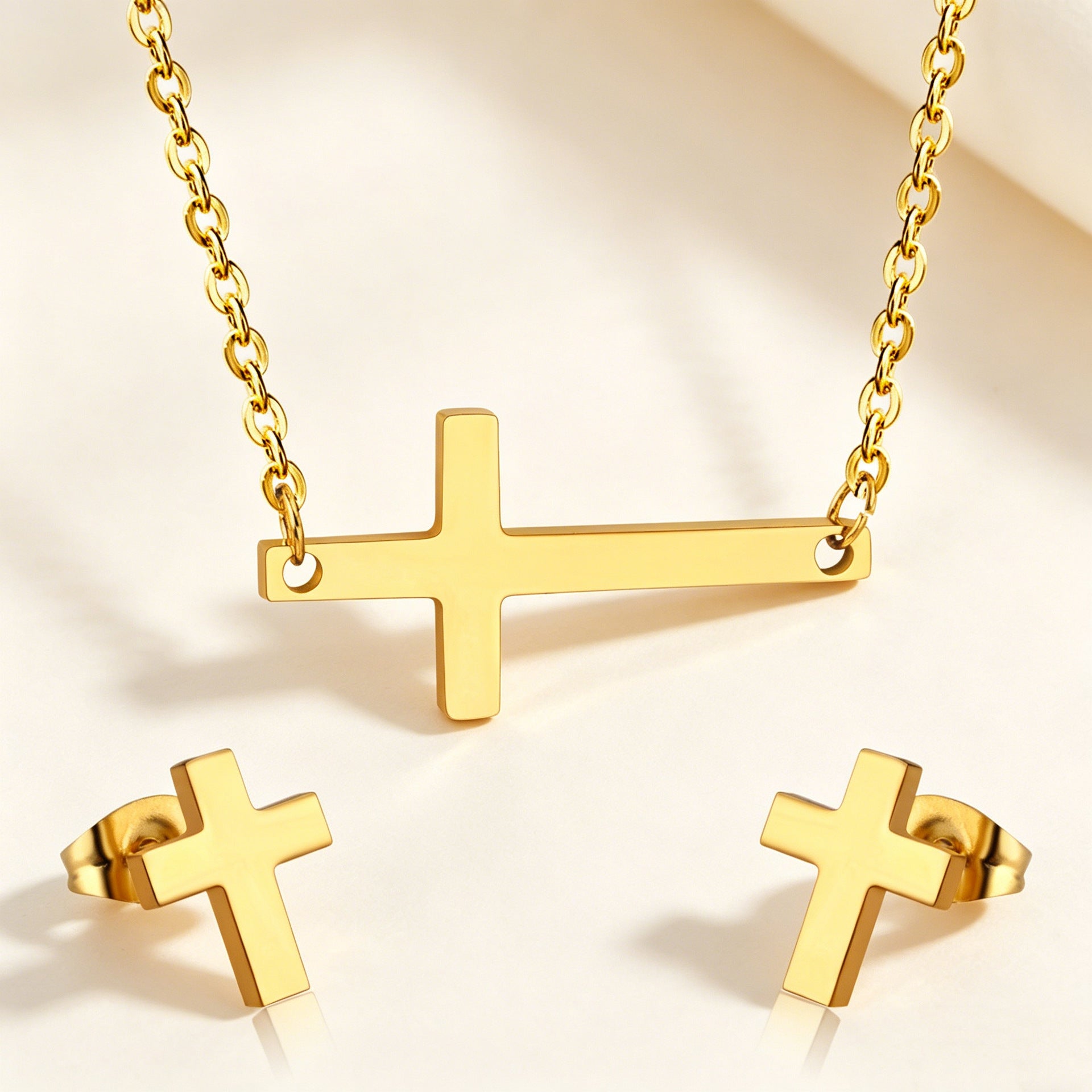 Damen Edelstahl Kreuz Schmuckset mit eleganter Halskette und passenden Ohrsteckern Shop Nory