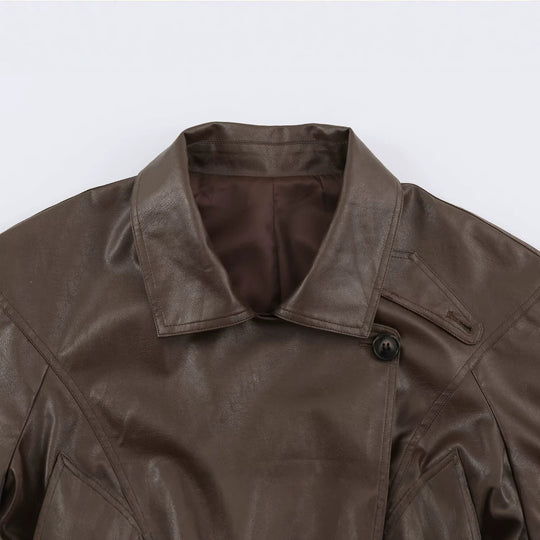 Damen Taillierte Lederoptik-Jacke mit asymmetrischer Knopfleiste und Bindegürtel Shop Nory