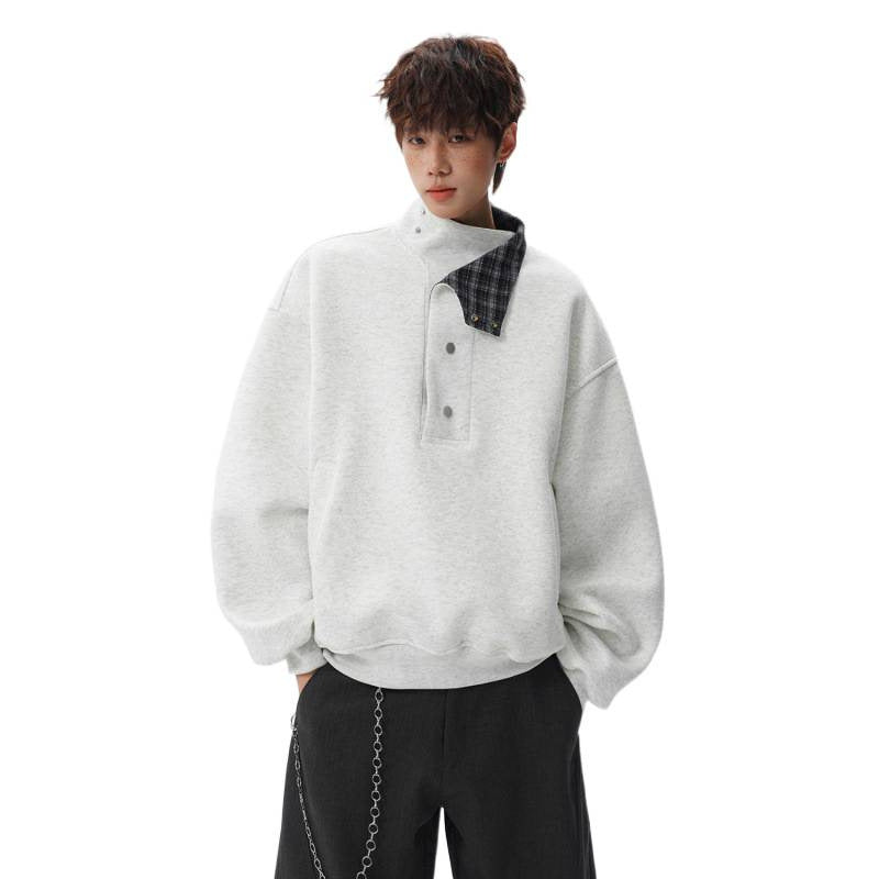 Unisex Oversized Sweatshirt mit abnehmbarem Karo-Kragen und Druckknopfleiste Shop Nory