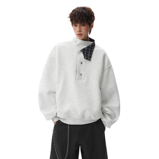 Unisex Oversized Sweatshirt mit abnehmbarem Karo-Kragen und Druckknopfleiste Shop Nory