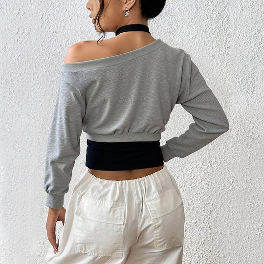 Damen cropped Sweatshirt mit weitem Carmen‑Ausschnitt, ballonärmeln und gerafftem Bund Shop Nory
