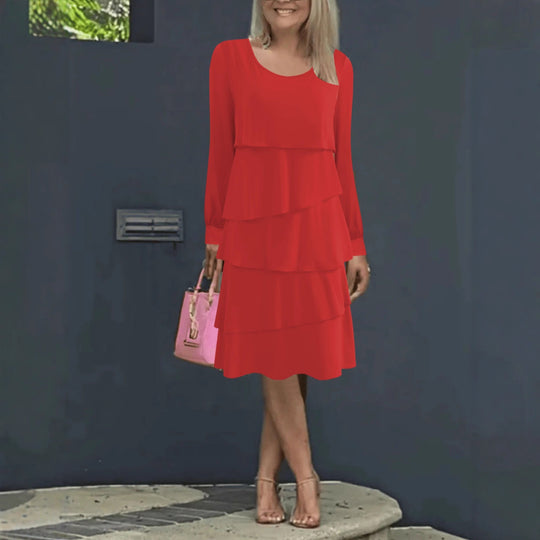 Damen Stufenkleid mit Lagenrock, Rundhalsausschnitt und Ballonärmeln Shop Nory