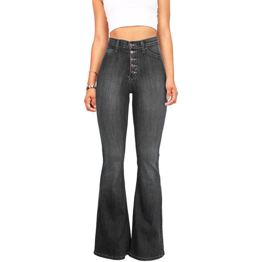 Damen High-Waist Flared Jeans mit dekorativen Knopfdetails und elastischem Bund Shopnory