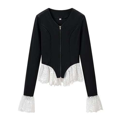 Damen Taillierte Zip‑Jacke mit Spitzenvolant am Saum und Ärmelabschluss Shop Nory