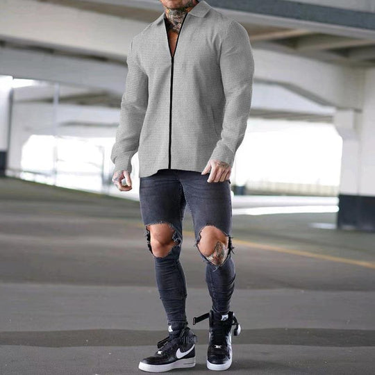 Herren nan strukturiertes Langarm-Hemdjacke mit verdecktem Halbzip, Kentkragen und leichter Waffelstruktur Shop Nory