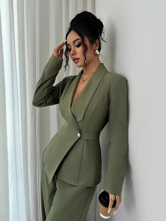 Damen nan taillierter Businessblazer mit Schalkragen, Gürtelbund und Ein-Knopf-Verschluss Shop Nory
