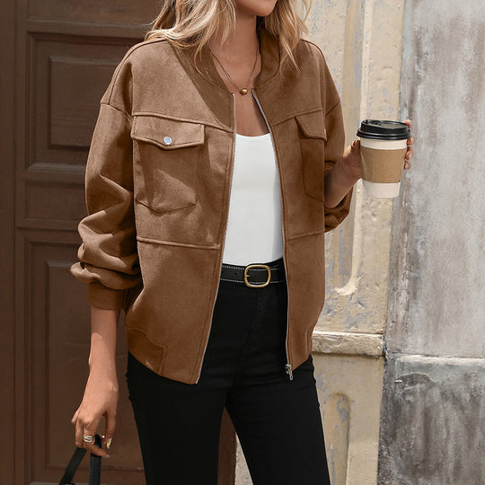 Damen Oversize Wildlederoptik-Bomberjacke mit Brustklappen und Reißverschluss Shop Nory