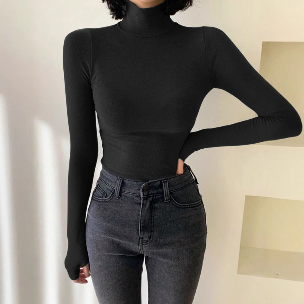 Damen Enganliegendes Rollkragen-Longsleeve aus Rippstrick mit Daumenloch Shop Nory