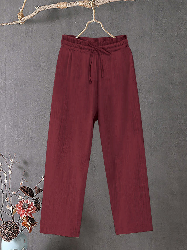 Damen Crinkle Leinenmischung Hose mit elastischem Kordelzug, gerade Beinform und lässiger Passform Shop Nory