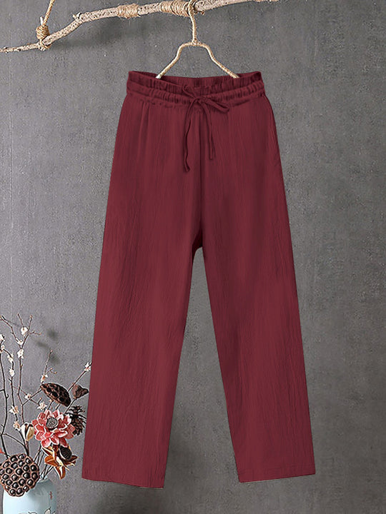 Damen Crinkle Leinenmischung Hose mit elastischem Kordelzug, gerade Beinform und lässiger Passform Shop Nory