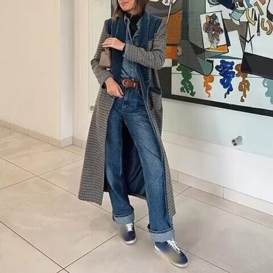 Damen langer Wollmix-Mantel mit Samt-Schalkragen und Leistentaschen Shop Nory