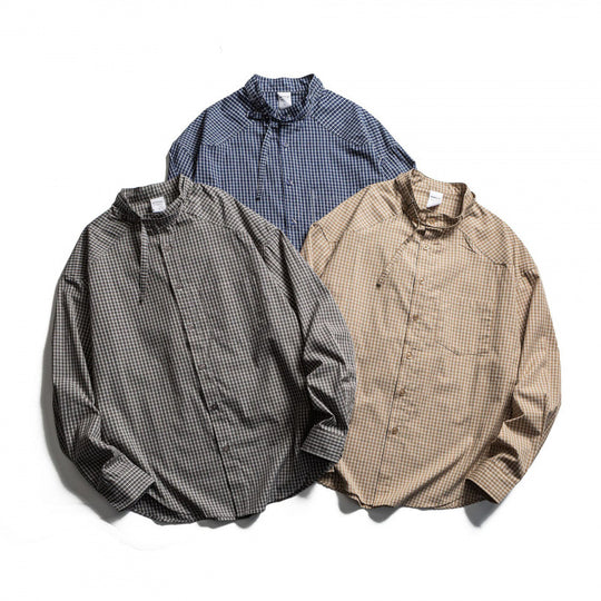 Herren Karierter Oversize-Hemd mit Stehkragen, Kordelzug und Raglanärmeln Shop Nory