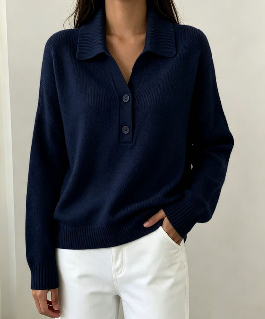 Damen Polokragen-Pullover mit halber Knopfleiste und geripptem Saum Shop Nory