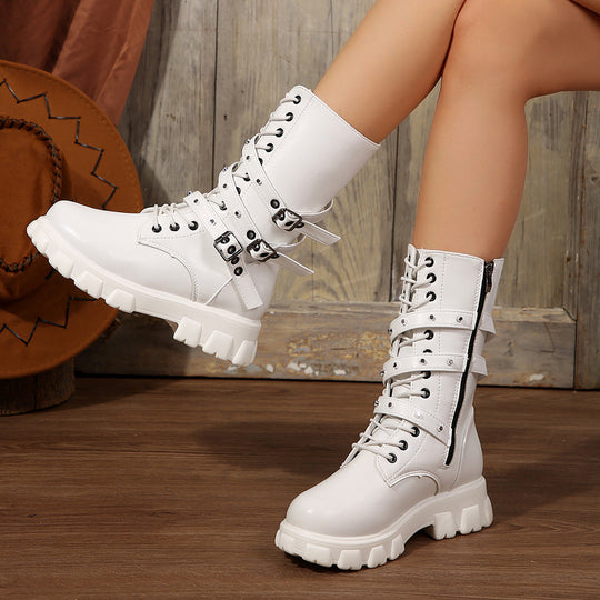 Damen Modische Schnürstiefeletten mit verstellbaren Riemen und robuster Sohle