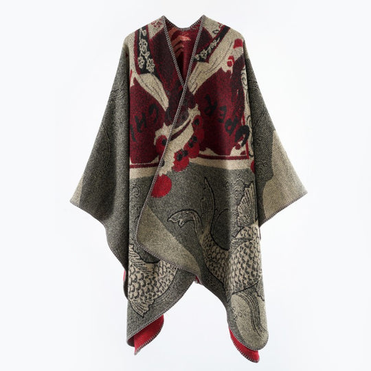 Damen Jacquard-Poncho mit Fischmotiv und offenem Oversize-Schnitt Shop Nory