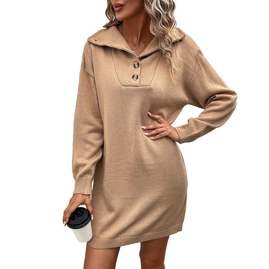 Damen Oversize-Feinstrickkleid mit Umlegekragen, Zierknopfleiste und Rippsaum Shop Nory