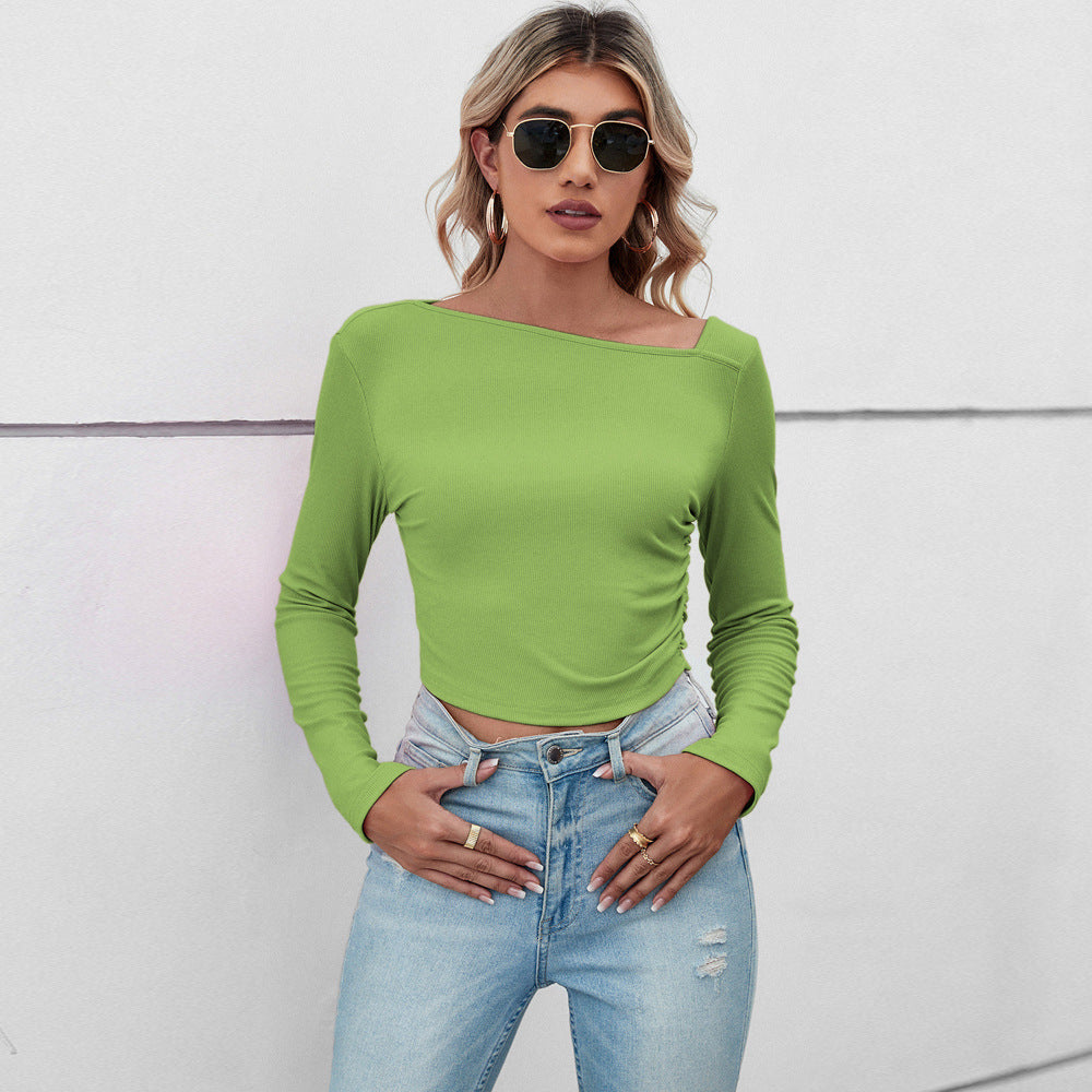 Damen figurbetontes geripptes Langarm-Cropped-Top mit asymmetrischer Schulterlinie und taillierter Stretch-Passform Shop Nory