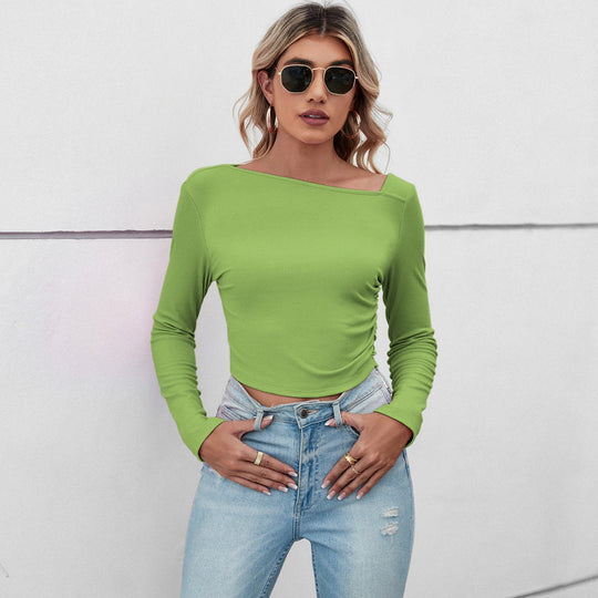 Damen figurbetontes geripptes Langarm-Cropped-Top mit asymmetrischer Schulterlinie und taillierter Stretch-Passform Shop Nory