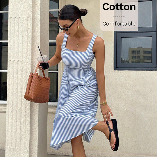 Damen Midikleid mit quadratischem Ausschnitt, breiten Trägern und tailliertem A-Linien Schnitt Shop Nory