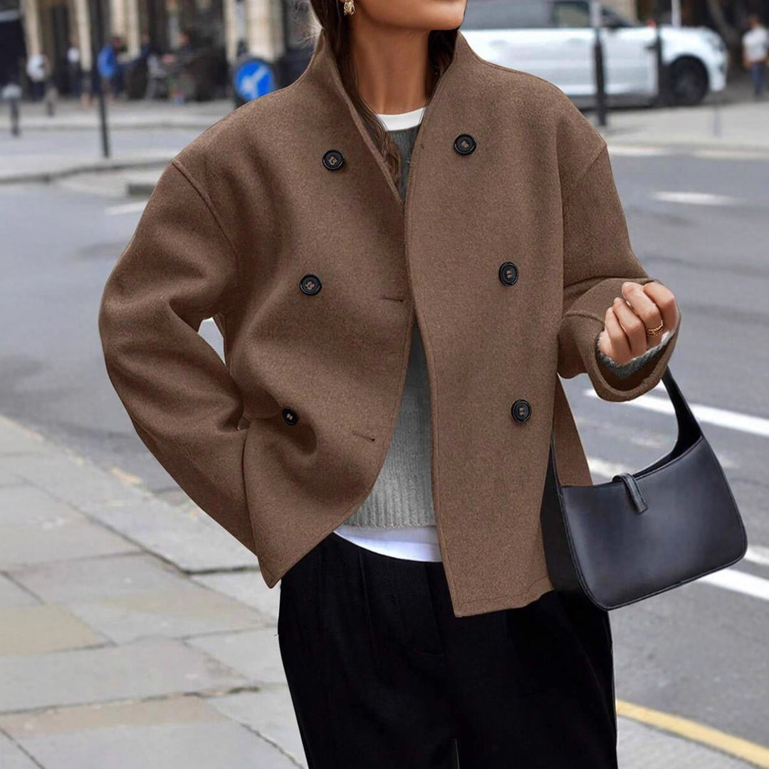 Damen Kurz geschnittener Oversize-Wollmantel mit doppelreihiger Knopfleiste und Stehkragen Shop Nory