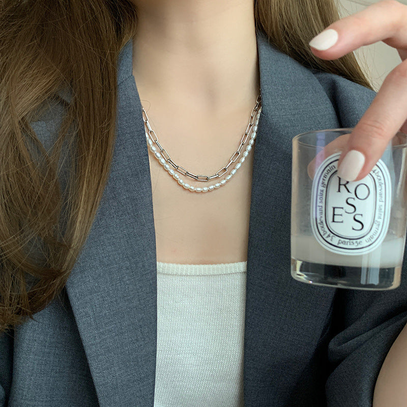 Damen Halskette mit modernem Perlen- und Kettenmix Shop Nory