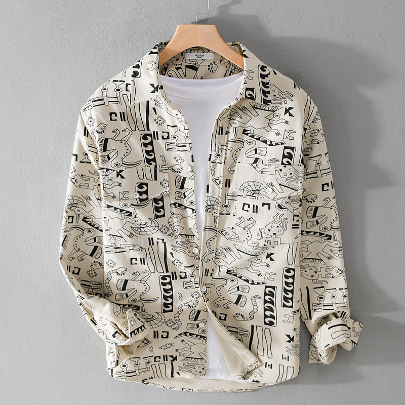 Herren Leichtes Baumwoll-Overshirt mit künstlerischem Linien-Print und doppelter Brusttasche Shop Nory