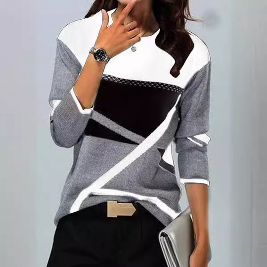 Damen Locker geschnittener Strickpullover mit geometrischem Colorblock und dreiviertelärmeln Shop Nory