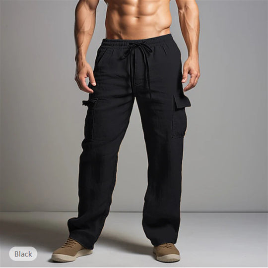 Herren leichte Leinen Cargohose mit elastischem Bund und großen Seitentaschen Shop Nory