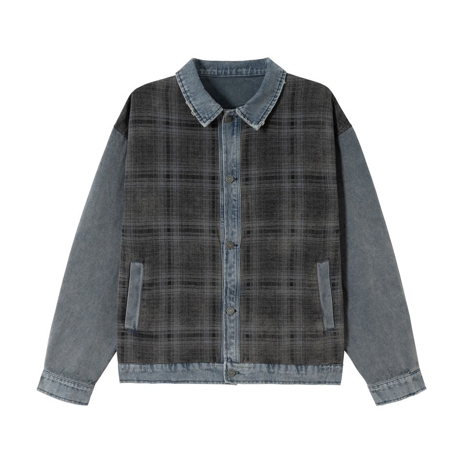 Unisex Boxy-Jeansblouson mit karierter Frontpaneel, kontrastierenden Denim-Ärmeln und Druckknopfleiste Shop Nory