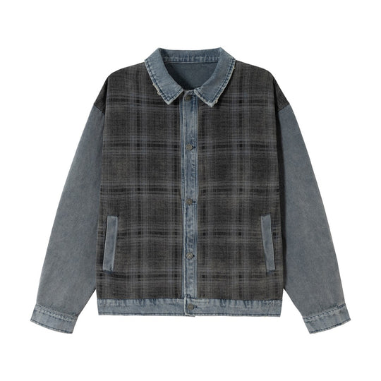 Unisex Boxy-Jeansblouson mit karierter Frontpaneel, kontrastierenden Denim-Ärmeln und Druckknopfleiste Shop Nory