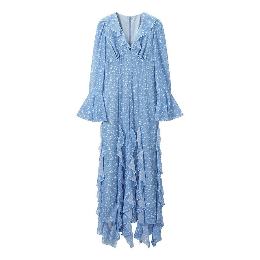 Damen Maxikleid mit V-Ausschnitt, Volantstufen und Trompetenärmeln Shop Nory