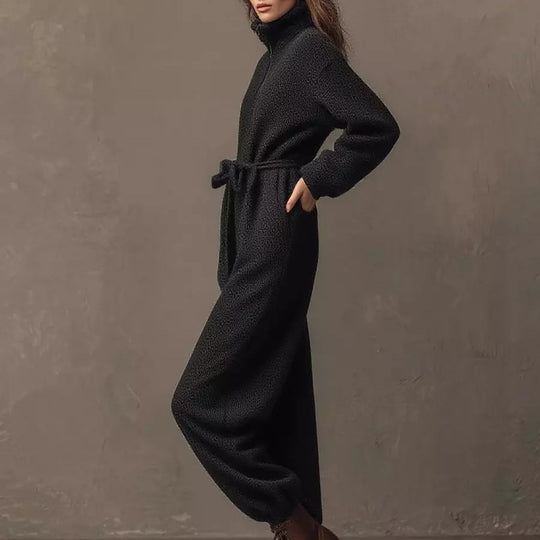 Damen Bouclé-Einteiler mit halbem Reißverschluss, Taillengürtel und weitem Bein Shop Nory