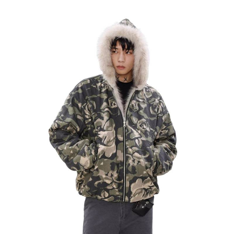 Herren Warmer gefütterter Camouflage-Bomber mit Kapuze und Kunstfellbesatz Shop Nory