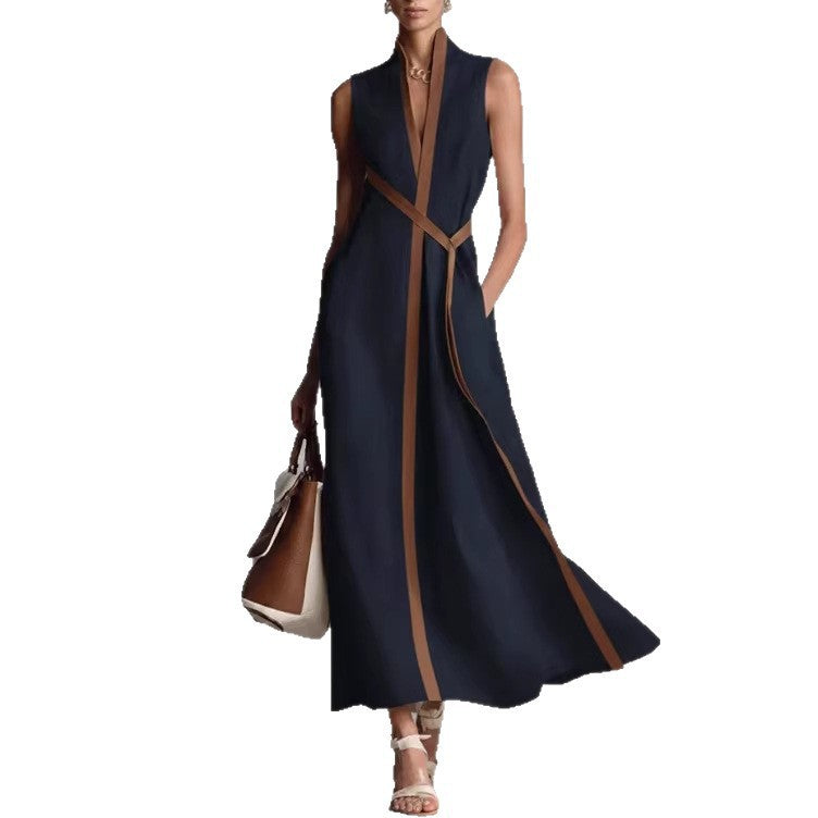 Damen elegantes Maxikleid mit Taillenschnitt und schmalem Gürtel Shopnory