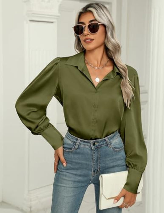 Damen Seidenoptik-Bluse mit Hemdkragen, verdeckter Knopfleiste und langen Manschetten Shop Nory