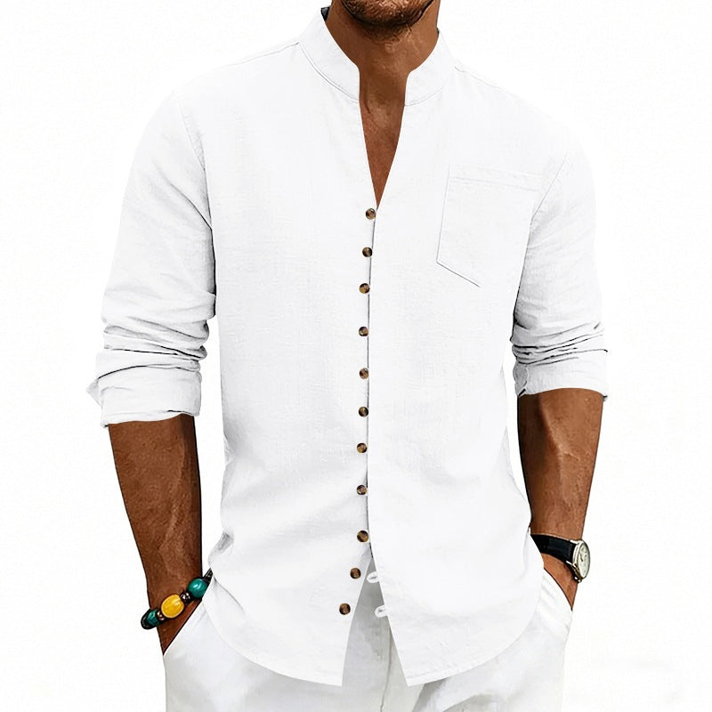 Herren Hemd mit Stehkragen und asymmetrischer Knopfleiste aus Leinenmix Shop Nory