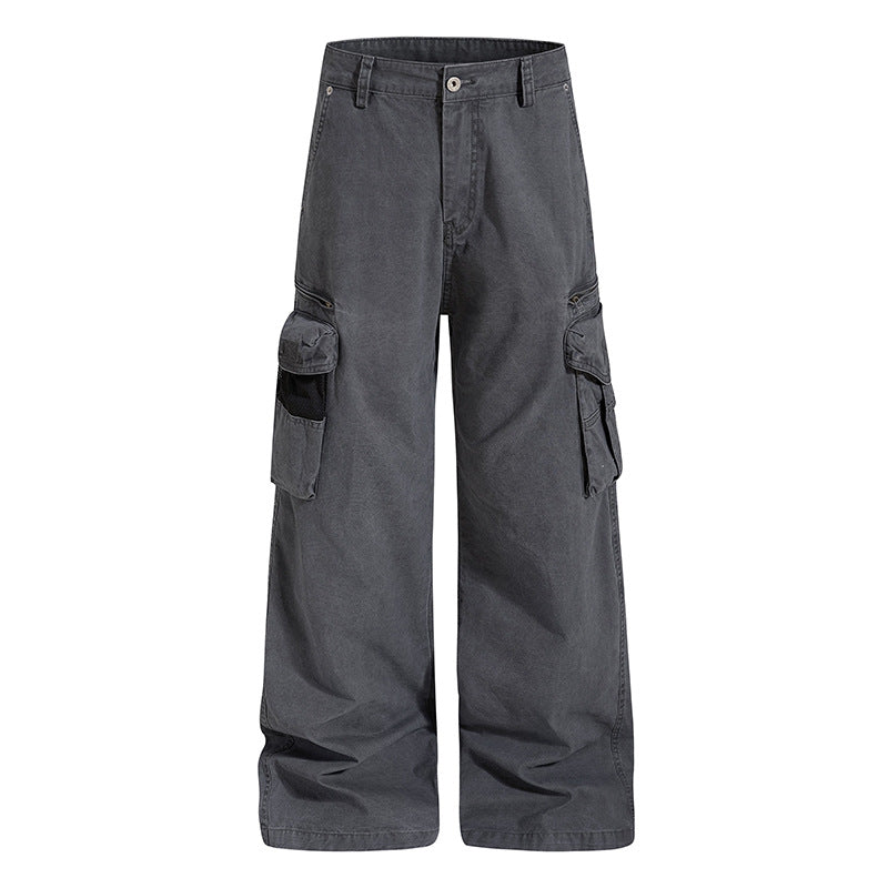 Damen Weite High‑Waist Canvas-Cargohose mit Multi‑Taschen und Netz-Details Shop Nory