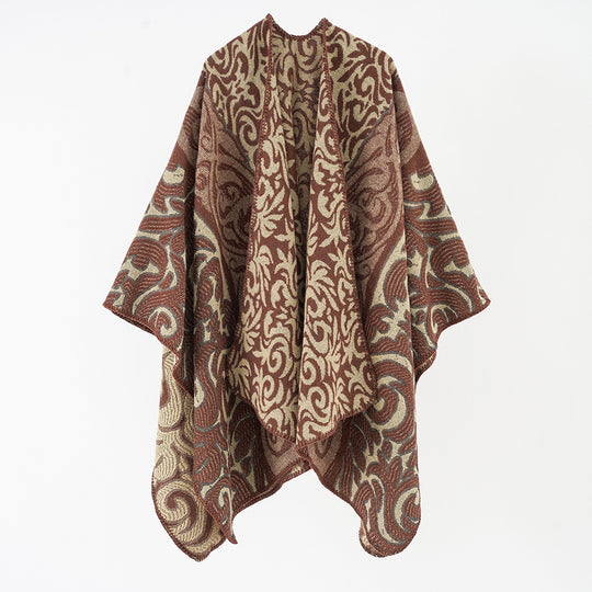 Damen Ornamentaler Jacquard-Capeponcho mit offenem Fall und kastiger Silhouette Shop Nory