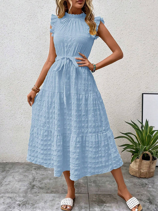 Damen Midikleid mit Stehkragen, Rüschenärmeln und Taillengürtel Shop Nory