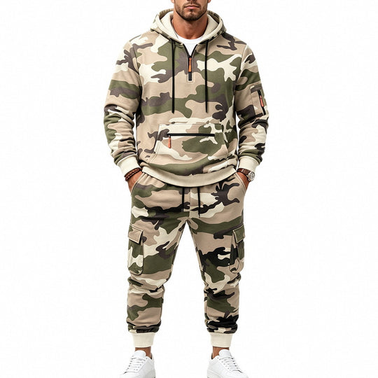 Herren Camouflage Kapuzensweatshirt- und Jogginghose Set mit Cargo-Taschen und Reißverschlüssen Shop Nory