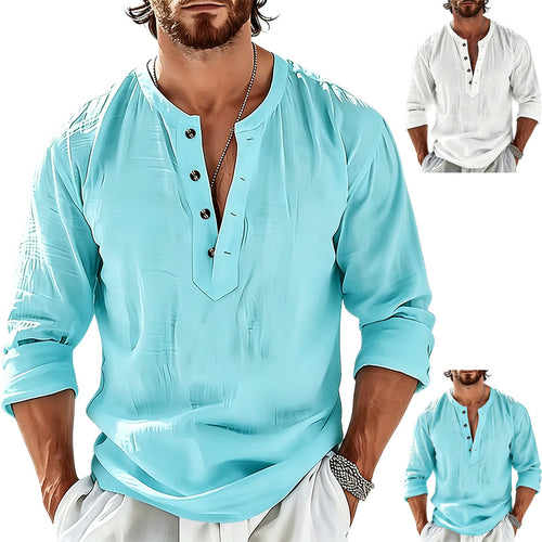 Herren Leichtes Leinen-Henley-Langarmshirt mit Mandarin-Kragen Shop Nory