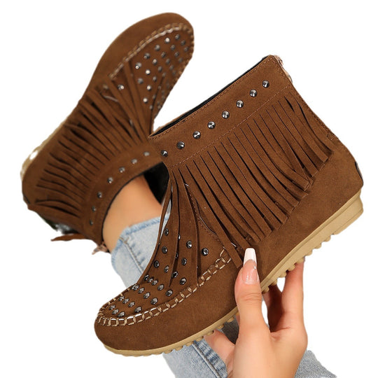 Damen Fransen‑Ankleboots im Mokassinstil mit Nieten und Rückenreißverschluss Shop Nory