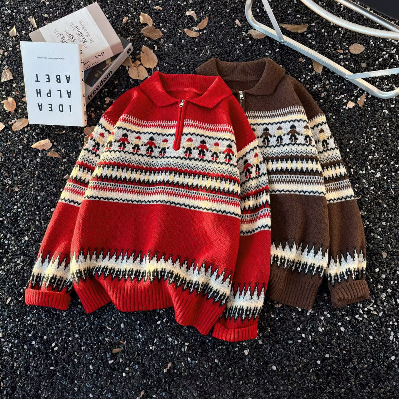 Damen Jacquard-Halbzip-Pullover mit Polokragen und Norweger‑Intarsie Shop Nory