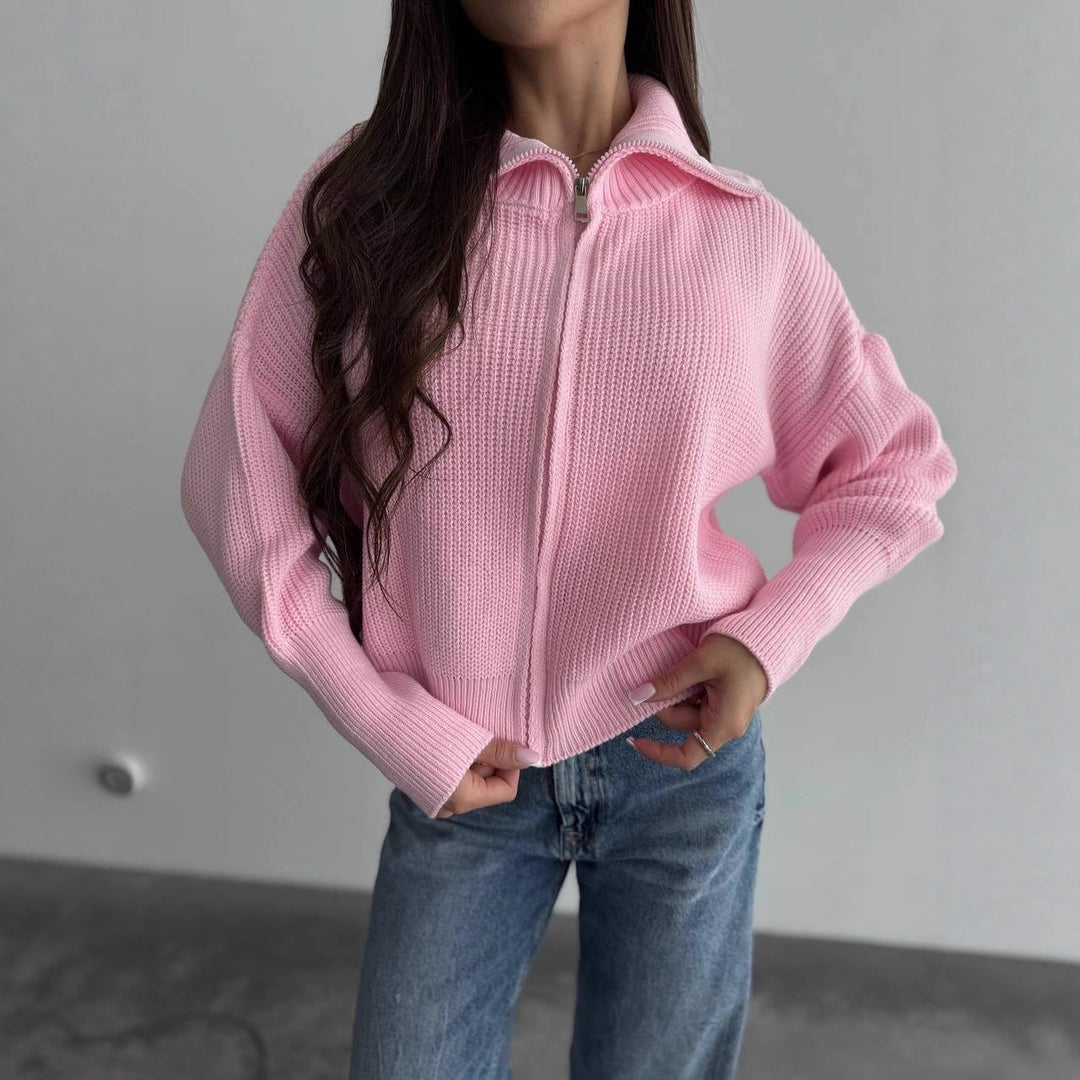 Damen Grobstrick-Zipper-Cardigan mit Ballonärmeln und Stehkragen Shop Nory