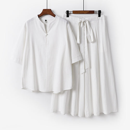 Damen Lässiges Leinen-Viskose Lounge-Set mit Stehkragen-Oberteil und weiten Palazzo-Hose Shop Nory