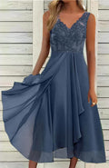 Damen nan elegantes Abend-Midikleid mit bestickter Spitzen-Büste, taillierter Drapierung und fließendem Lagenrock